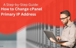 Step-by-step guide to changing the primary IP address in cPanel. A man wearing glasses and a beige shirt is working on a laptop in a data center with a red overlay. The text on the image highlights the guide's topic, and the website www.serveradminz.com is displayed at the bottom