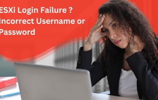 IT professional sitting in front of laptop in a data center with a background of server racks, highlighting the blog title 'ESXi Login Failure:incorrect username and password' in a red overlay. ServerAdminz branding is visible at the bottom