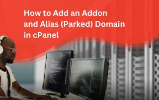 IT professional sitting in front of laptop in a data center with a background of server racks, highlighting the blog title 'How to Add an Addon and Alias (Parked) Domain in cPanel in a red overlay. ServerAdminz branding is visible at the bottom